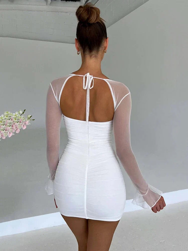 Women's Mini Dress - Bodycon Fit - Sweetheart Neckline - Sheer Long Sleeves - Ruched Design by Lumina Vancouver