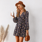 Women's V-Neck Mini Dress - Floral Print - Long Sleeve - Cinched Waist Elegant Fit by Lumina Vancouver