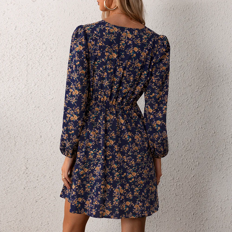 Women's V-Neck Mini Dress - Floral Print - Long Sleeve - Cinched Waist Elegant Fit by Lumina Vancouver