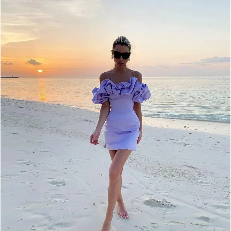 Women’s Mini Dress – Satin Fabric – Tailored Fit – Off-Shoulder Ruffle Sleeves by Lumina Vancouver