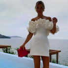 Women’s Mini Dress – Satin Fabric – Tailored Fit – Off-Shoulder Ruffle Sleeves by Lumina Vancouver