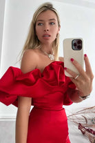 Women’s Mini Dress – Satin Fabric – Tailored Fit – Off-Shoulder Ruffle Sleeves by Lumina Vancouver