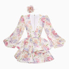 Women’s Mini Dress – Floral Print – Deep V-Neck – Tiered Skirt – Long Balloon Sleeve by Lumina Vancouver