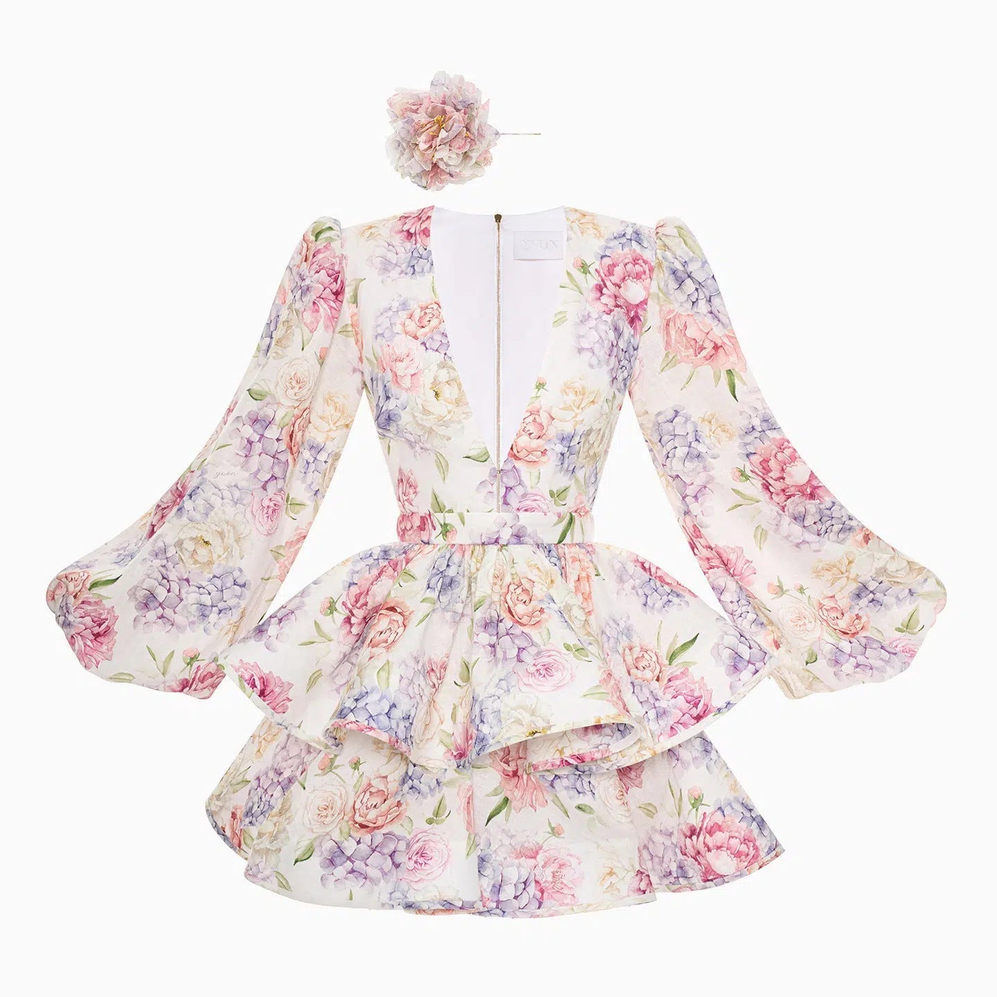 Women’s Mini Dress – Floral Print – Deep V-Neck – Tiered Skirt – Long Balloon Sleeve by Lumina Vancouver