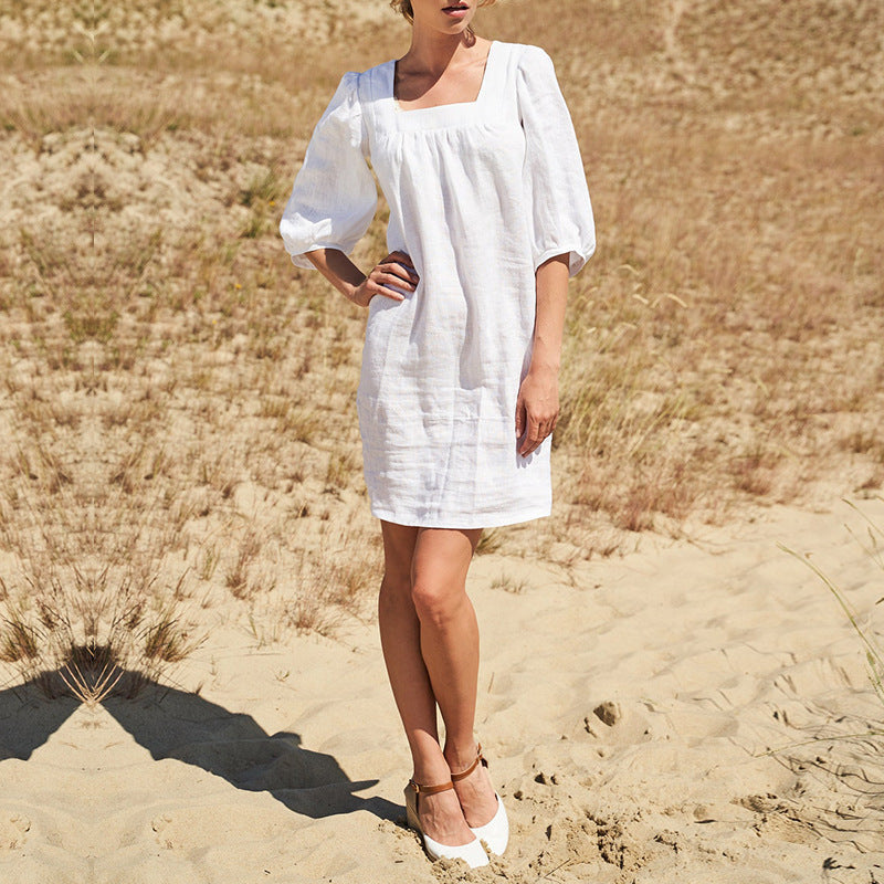 Women's Dress - Square Neck - Puff Sleeve - Knee Length Loose Fit Casual Wear by Lumina Vancouver