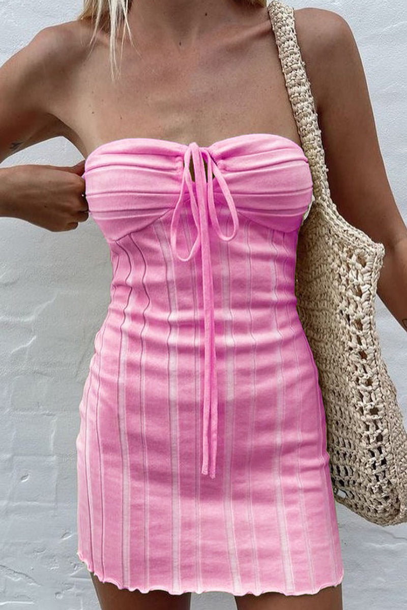 Women's Strapless Mini Dress - Ribbed Texture - Ruched Bust with Drawstring - Stretch Fit by Lumina Vancouver