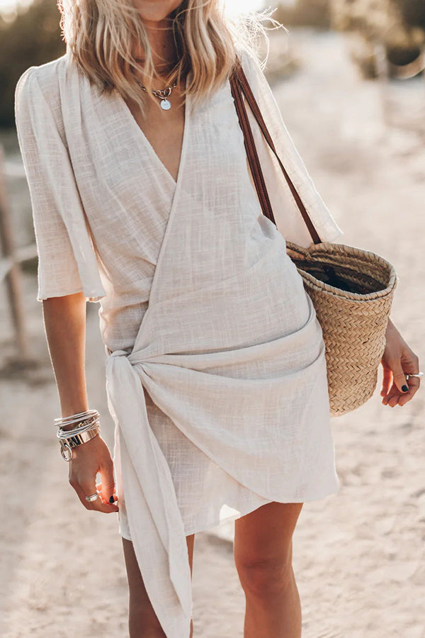 Women's Wrap Mini Dress - Lightweight Cotton-Linen - V-Neck Adjustable Fit by Lumina Vancouver