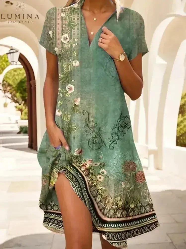 Isabella - Boho Vintage V-Neck Dress