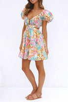 Women's A-Line Dress - Plunging Neckline - Puff Sleeves - Cinched Waist - Knee-Length by Lumina Vancouver