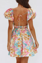 Women's A-Line Dress - Plunging Neckline - Puff Sleeves - Cinched Waist - Knee-Length by Lumina Vancouver
