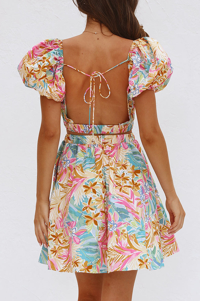 Women's A-Line Dress - Plunging Neckline - Puff Sleeves - Cinched Waist - Knee-Length by Lumina Vancouver