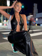 Halter Faux Leather Backless with Metal Ring Hollow Out Corset Tank