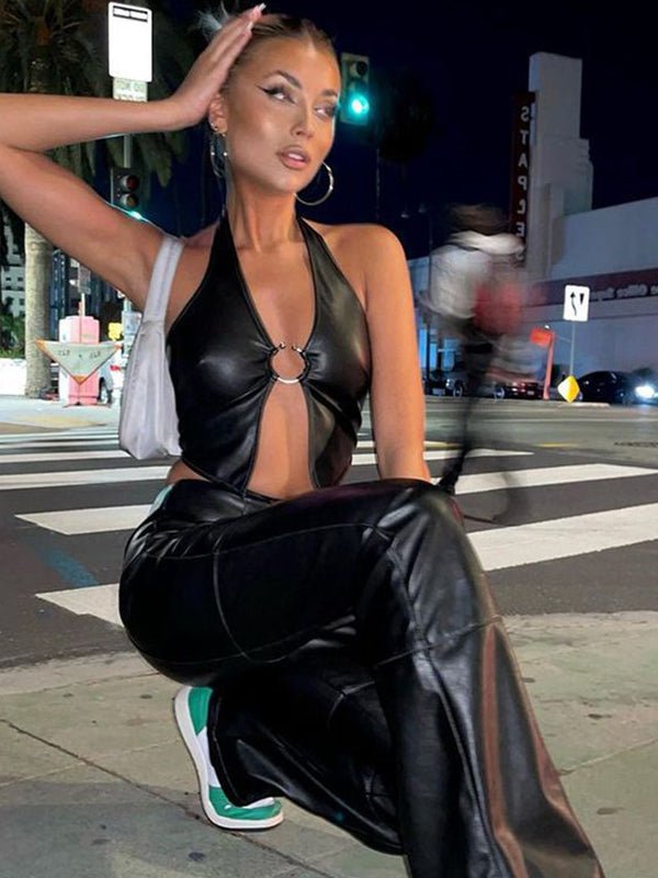 Halter Faux Leather Backless with Metal Ring Hollow Out Corset Tank