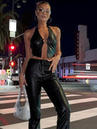 Halter Faux Leather Backless with Metal Ring Hollow Out Corset Tank