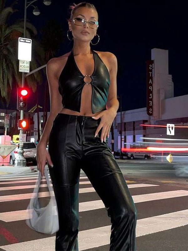 Halter Faux Leather Backless with Metal Ring Hollow Out Corset Tank