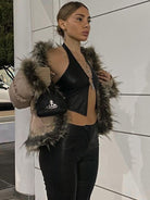 Halter Faux Leather Backless with Metal Ring Hollow Out Corset Tank