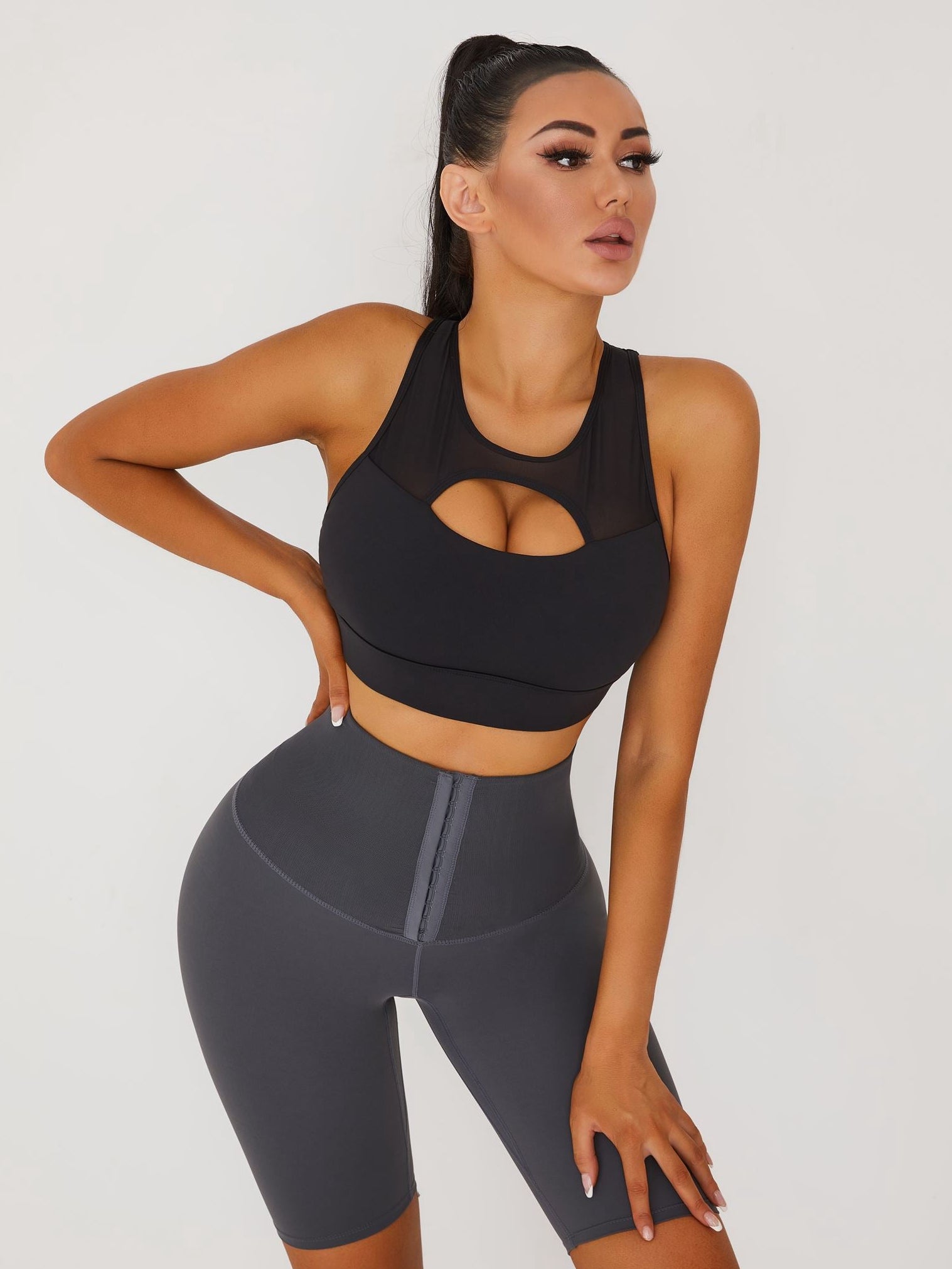 Hollow Mesh Shock-proof Gathered Corset Short Tracksuit.